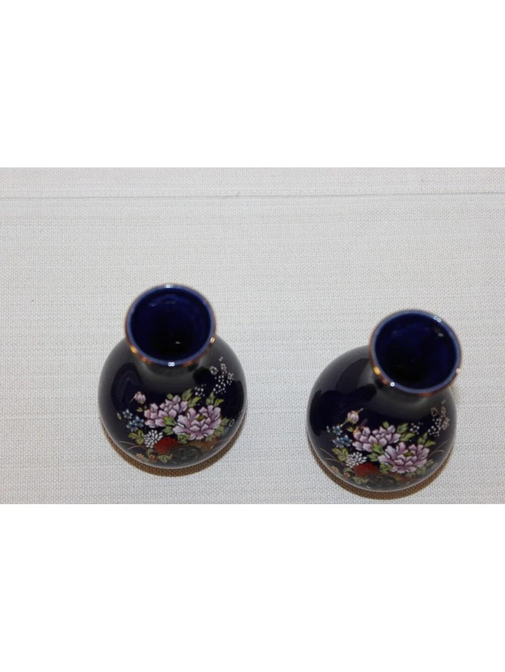 Vintage Kutani Japan Cobalt Blue Floral Bud Vases Gold Trim Set of 2